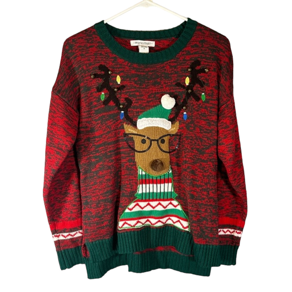 99 Jane Street Women’s Red Reindeer Bell Christmas Knit Sweater Long Sleeve Sm